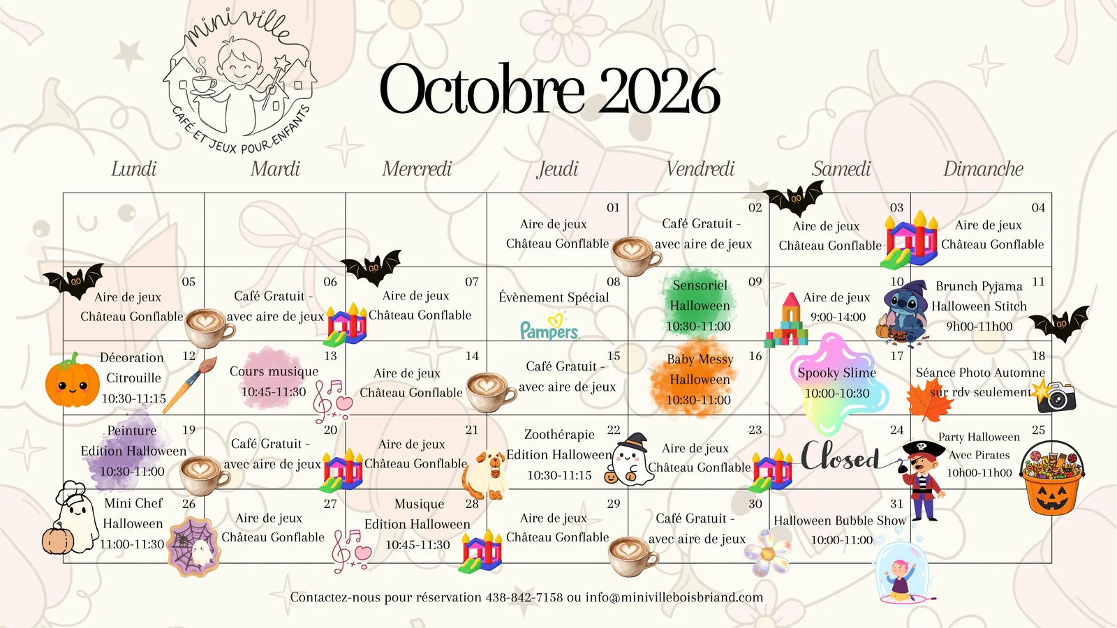 Calendrier des activités d'octobre 2026 à Miniville Boisbriand